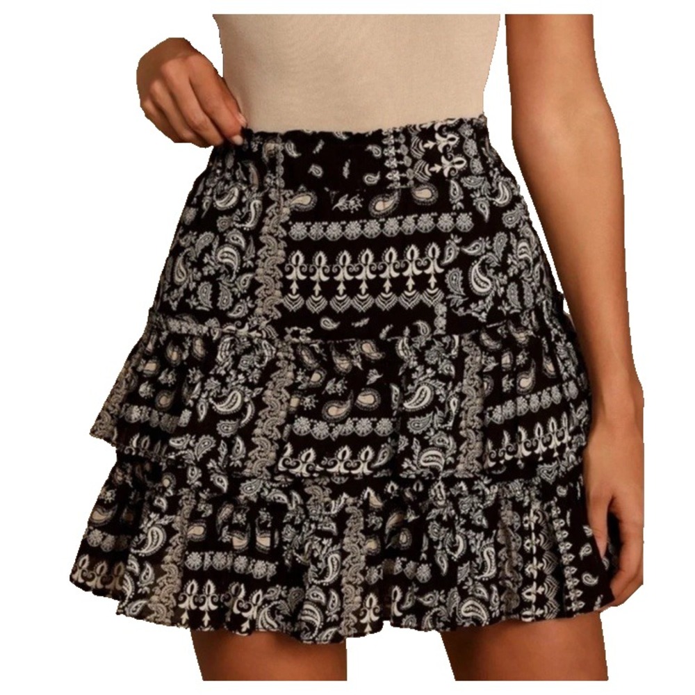 Free People Melissa Mini Skirt Womens Sz Medium Black Tan Paisley Tiered Ruffle
